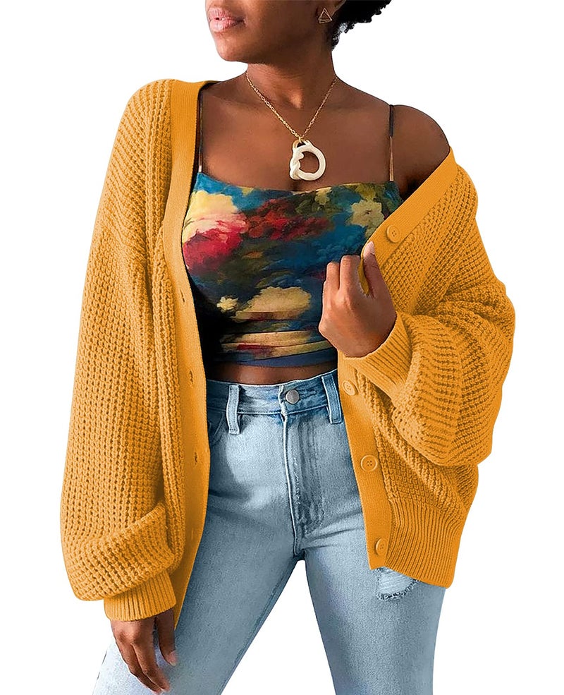 QUALFORT Women's Mustard Cardigan Sweaters for Women 100% Cotton Button-Down Long Sleeve Oversized Knit Outerwear Mustard Large - Image 3